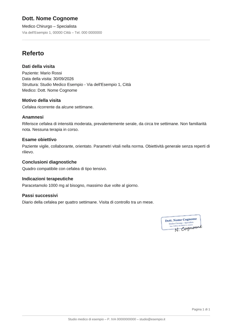 Esempio di referto in PDF su carta intestata con timbro e firma